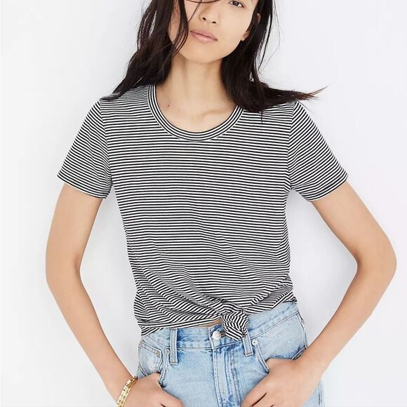 Madewell -265 knot front short sleeve black white tee top Small - Picture 1 of 5